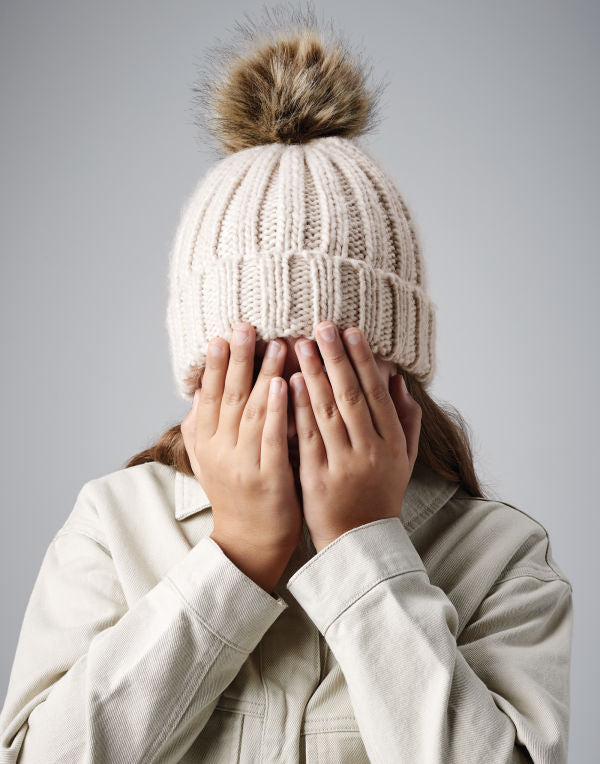 Beechfield  Junior Faux Fur Pom Pom Chunky Beanie B412B B412B